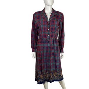Schrader Petite Plaid Pleated Long Sleeve Button Down Vintage 80’s Dress